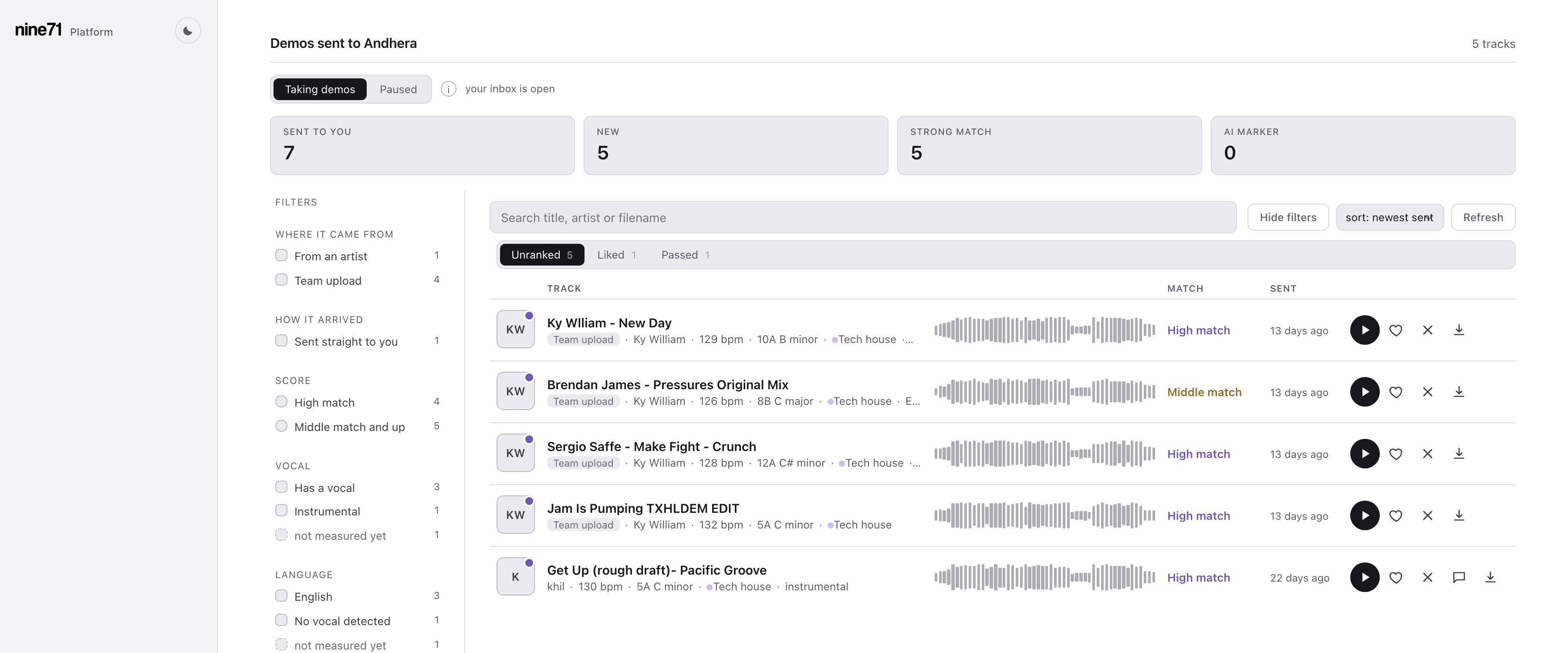 A label’s demo inbox on nine71: sent demos with match bands, placement, tempo and genre filters